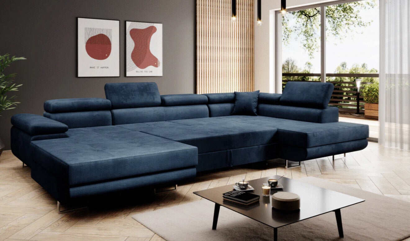 U-förmiges Sofa mit Bettfunktion und Stauraum in der Farbe Blau