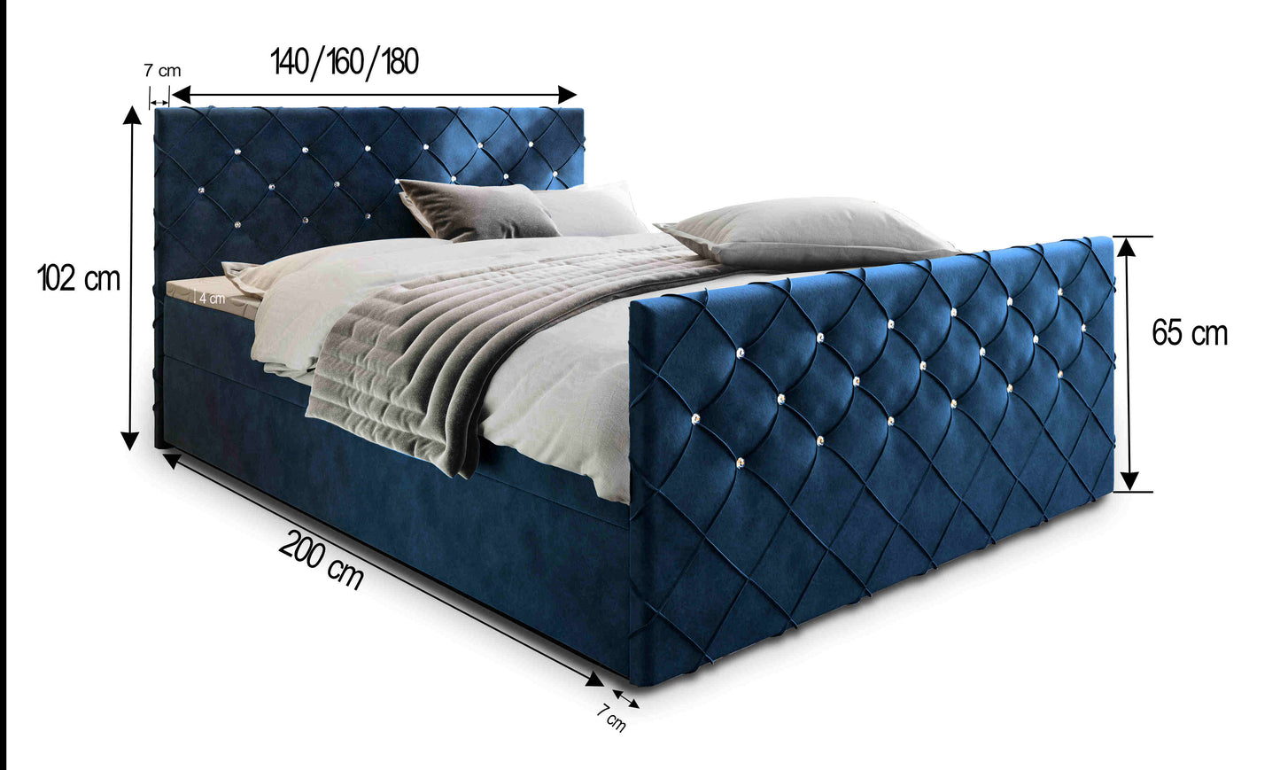 Wunderschönes Boxspringbett Mandi in blauer Farbe mit Maßangabe