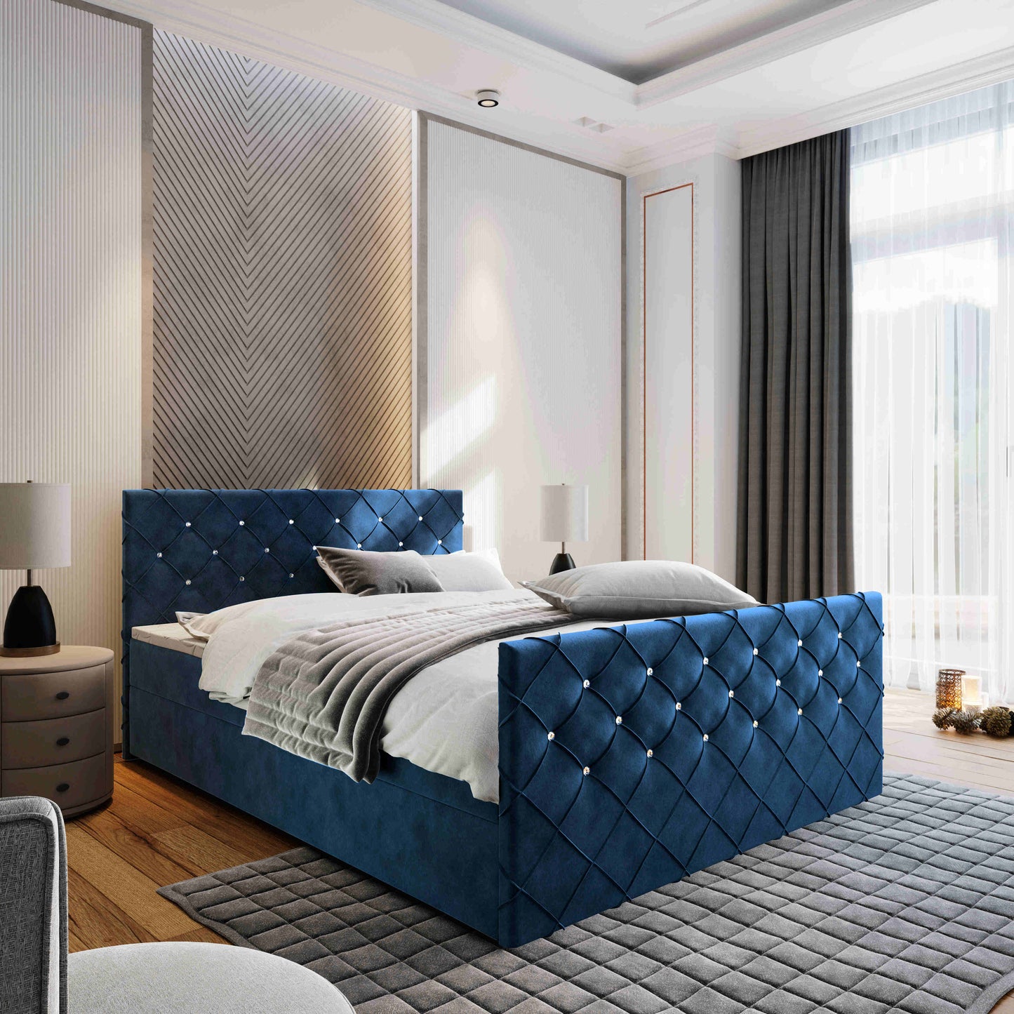 Wunderschönes Boxspringbett Mandi in blauer Farbe