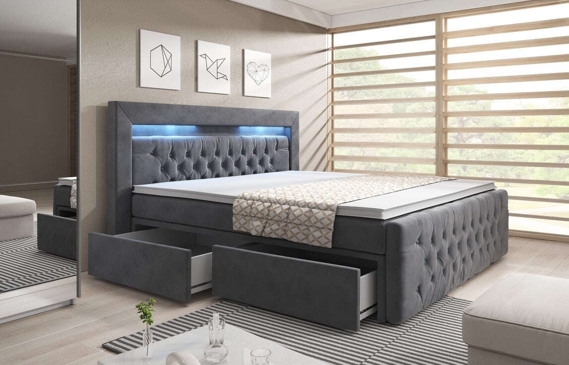 Wunderschönes Boxspringbett Virona 180x200 cm mit LED-Licht und 4 Schubladen