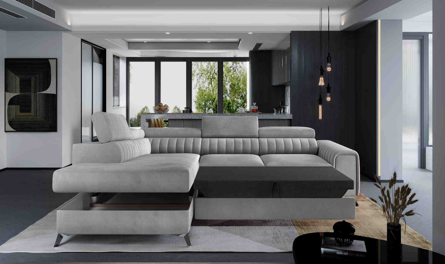 Wunderschöne Wohnlandschaft Laurence mit wunderschönem L-Sofa in Grau mit Stauraum