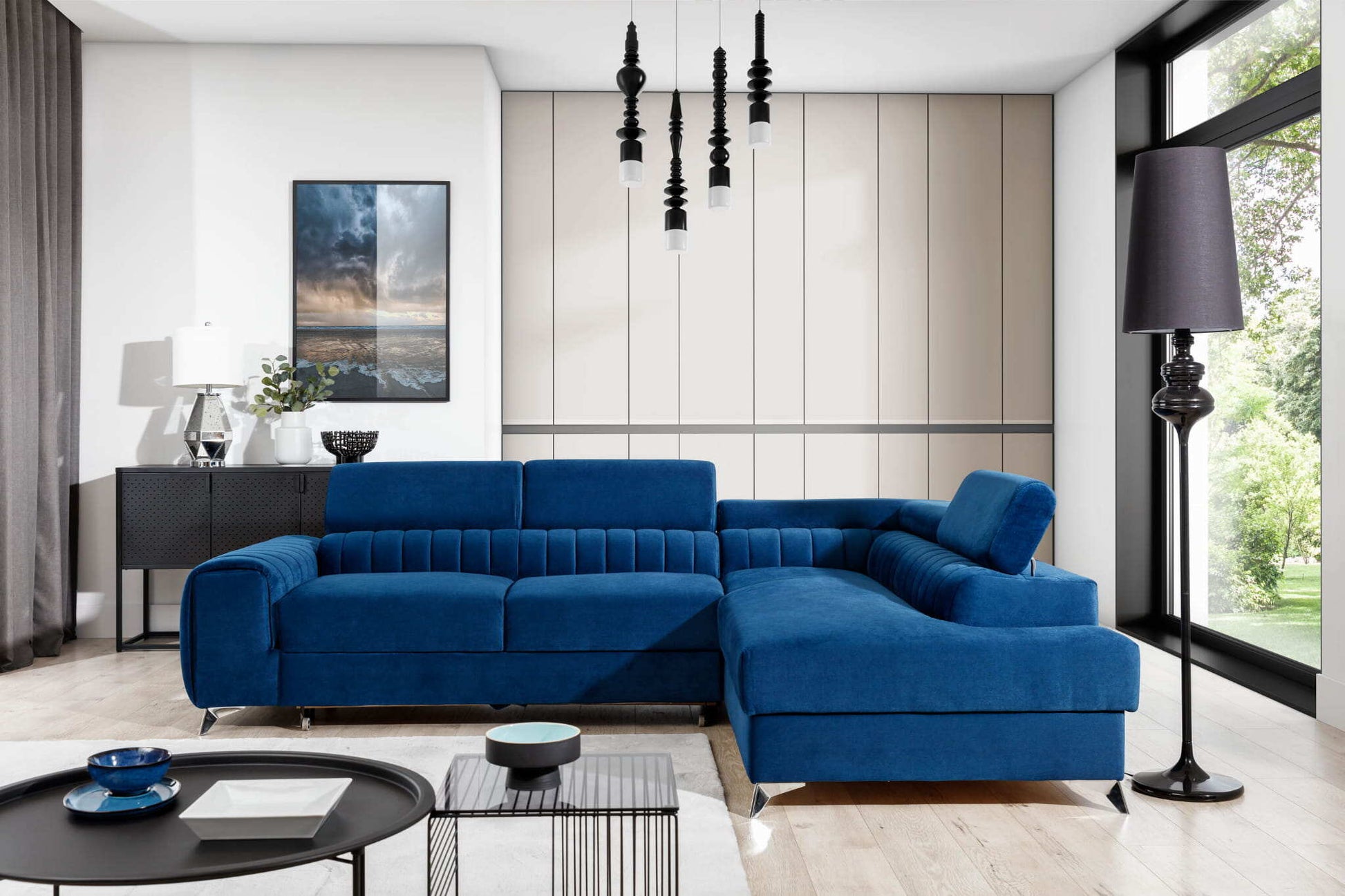 Wunderschöne Wohnlandschaft Laurence mit wunderschönem L-förmigem Sofa in blauer Farbe