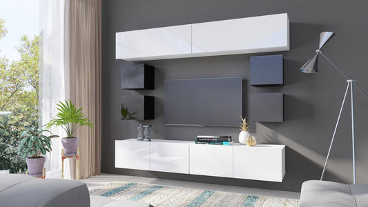 Wunderschöne Wohnwand modern in Schwarz-Weiß mit LED-TV