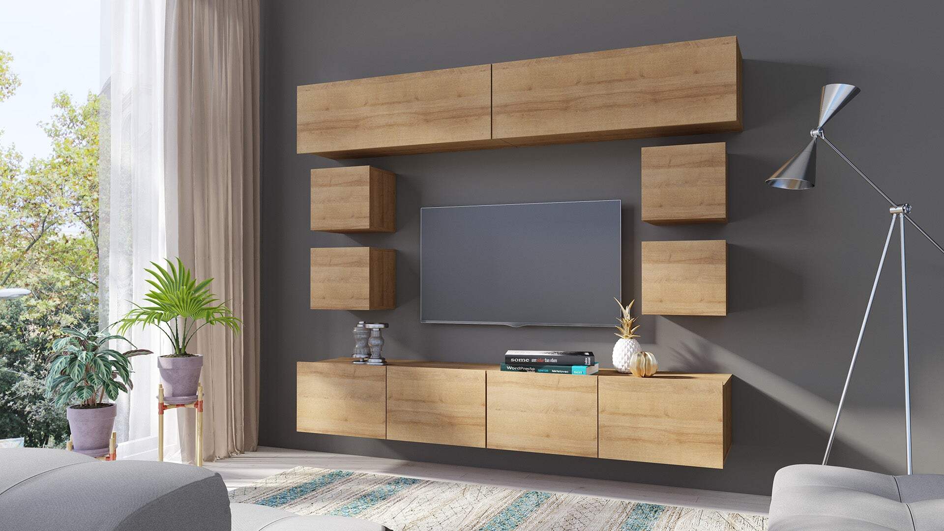 Schöne moderne Galaxy 5-Wohnwand aus Holz mit LED-TV