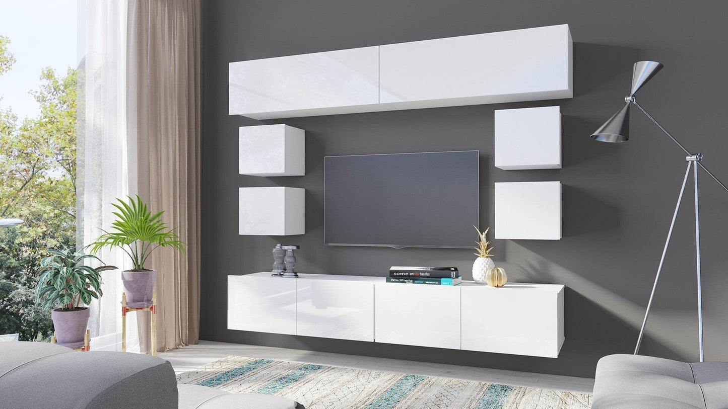 Schöne TV-Lounge mit moderner Galaxy 5-Wohnwand in weißer Farbe mit LED-TV