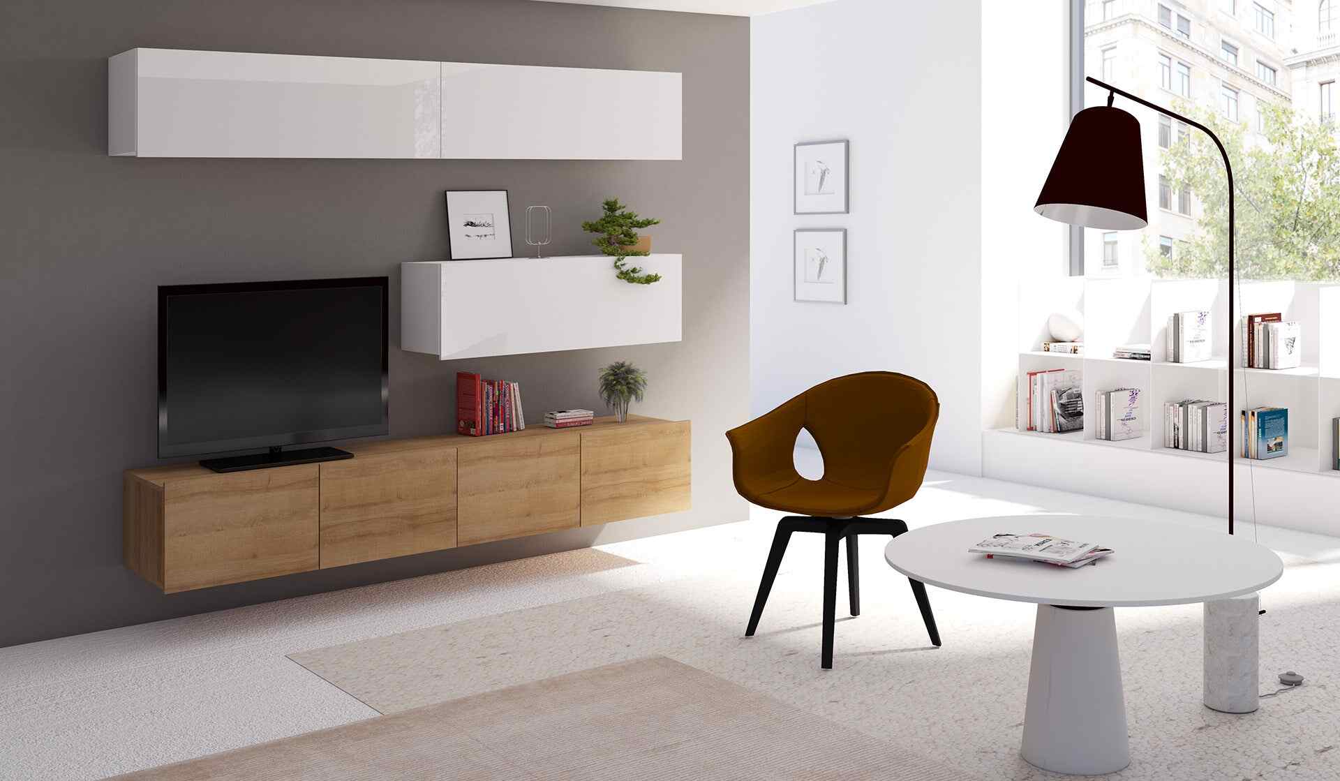 Schöne TV-Lounge mit Wohnwand Galaxy 8 in Holz mit LED-TV