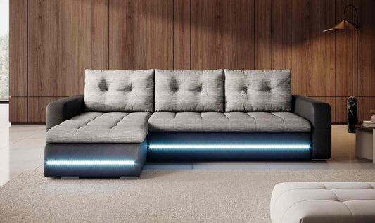 Wunderschöner Wohnbereich Las Vegas mit Bettfunktion und LED-Licht in den Farben Grau und Blau
