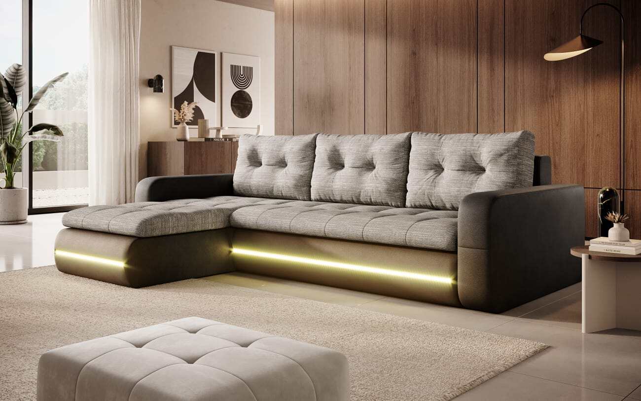 Wunderschöner Wohnbereich Las Vegas mit Bettfunktion und LED-Licht in den Farben Grau und Gold