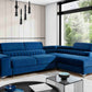 Wunderschöne Wohnlandschaft Laurence mit wunderschönem L-förmigen Sofa in blauer Farbe und schwarzer Lampe