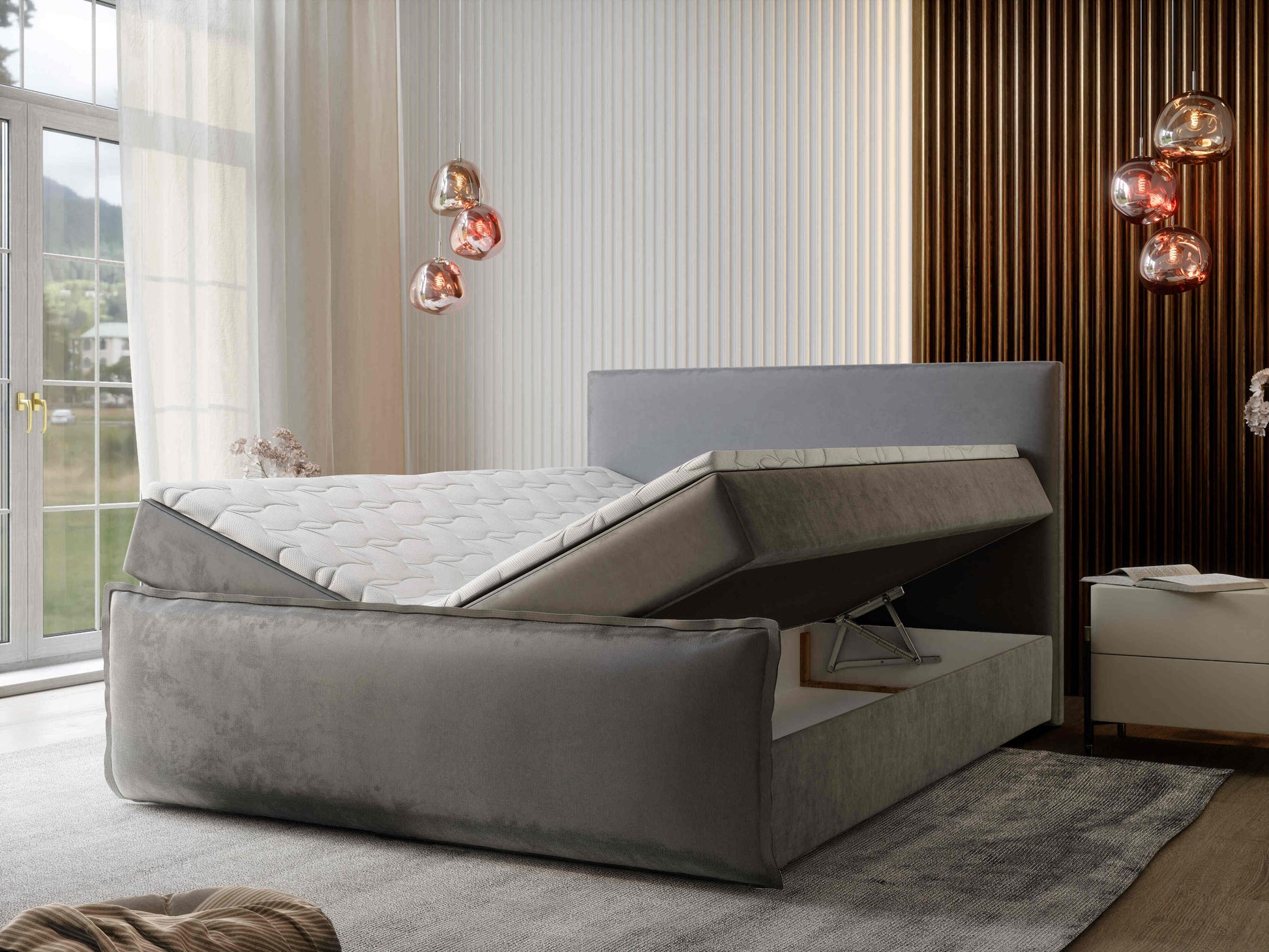 Schönes Schlafzimmer mit Boxspringbett Monta mit Stauraum