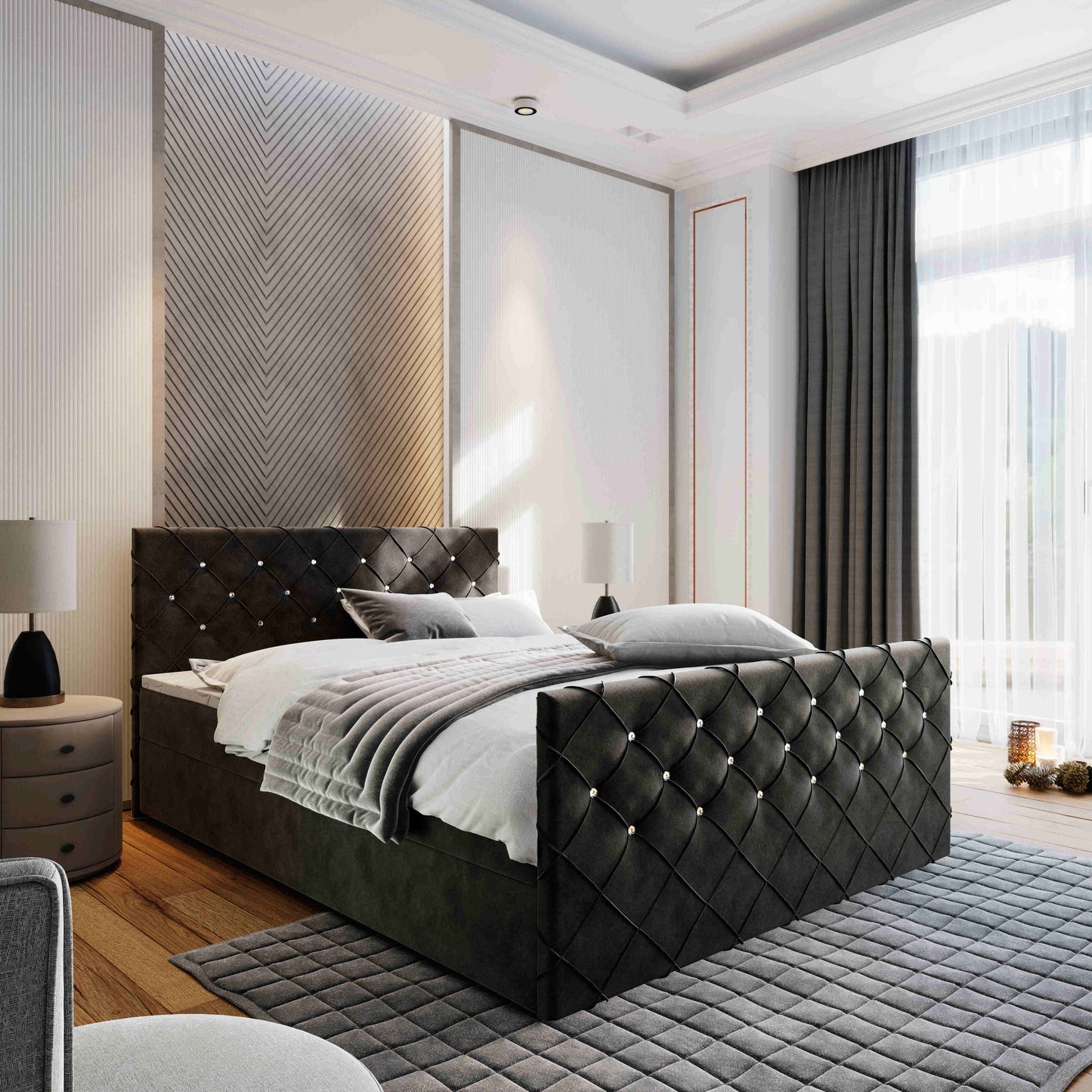 Schönes Schlafzimmer mit Boxspringbett Mandi in schwarzer Farbe