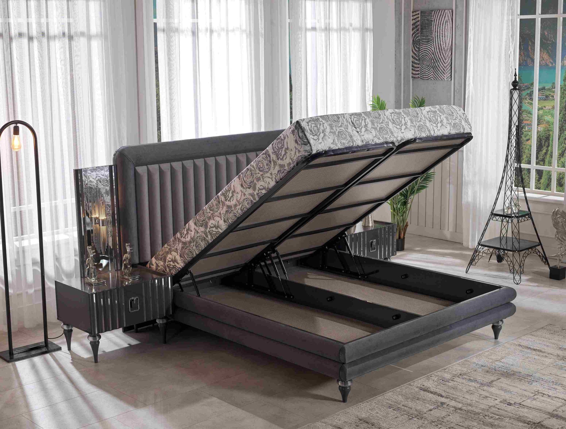 Schwarzes Doppelbett mit Stauraum im modernen Schlafzimmer