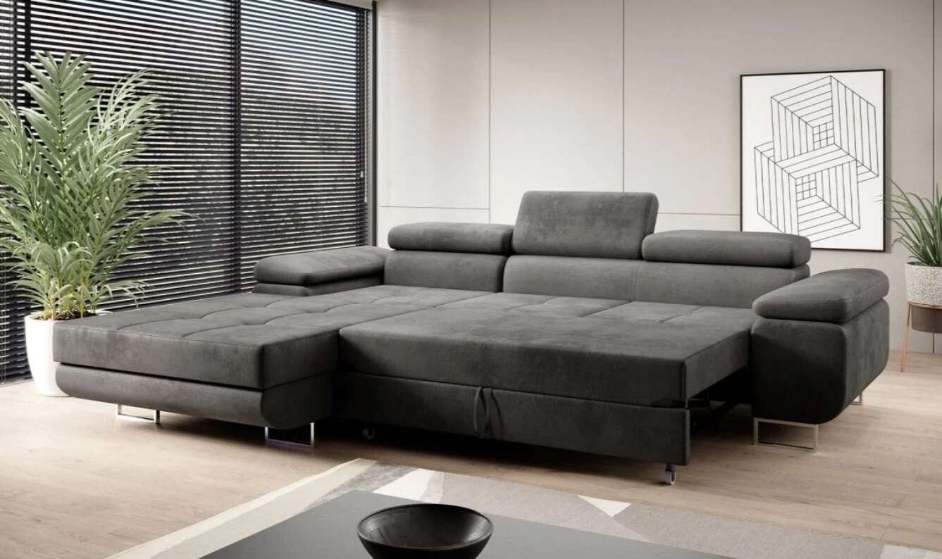 Wunderschöne Wohnlandschaft Amaro mit wunderschönem L-förmigen verstellbaren Sofa in grauer Farbe