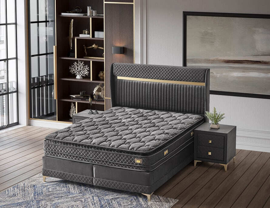Wunderschönes Boxspringbett Platinum in Schwarz mit Beistelltischen